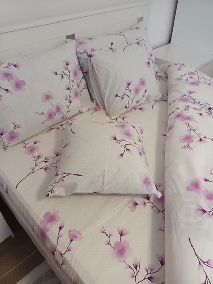 Lenjerie de Pat Dublă din Bumbac Ranforce 100% – Mov cu Motive Florale