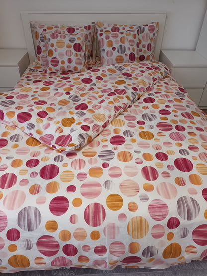Lenjerie de Pat dublă din Bumbac Ranforce 100% – Model cu Buline (Vișiniu, Portocaliu)