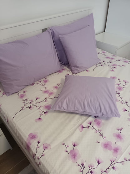 Lenjerie de Pat Dublă din Bumbac Ranforce 100% – Mov cu Motive Florale