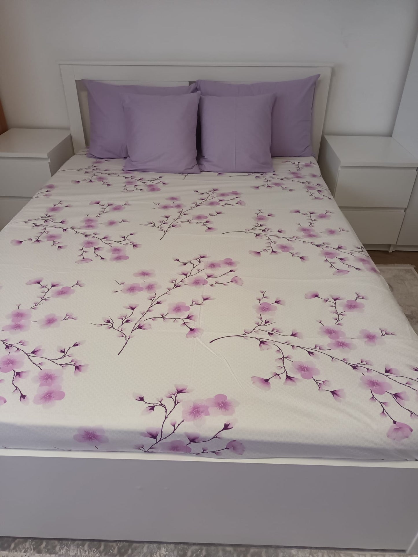Lenjerie de Pat Dublă din Bumbac Ranforce 100% – Mov cu Motive Florale