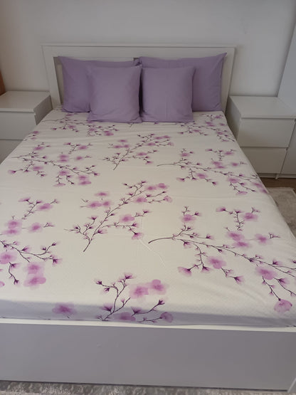 Lenjerie de Pat Dublă din Bumbac Ranforce 100% – Mov cu Motive Florale