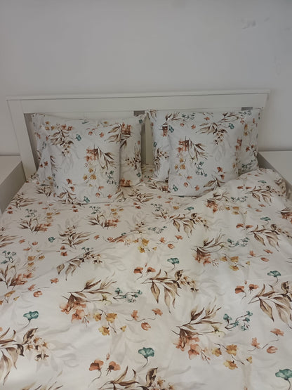 Lenjerie de Pat Dublă din Bumbac Ranforce 100% – Maro cu motive florale